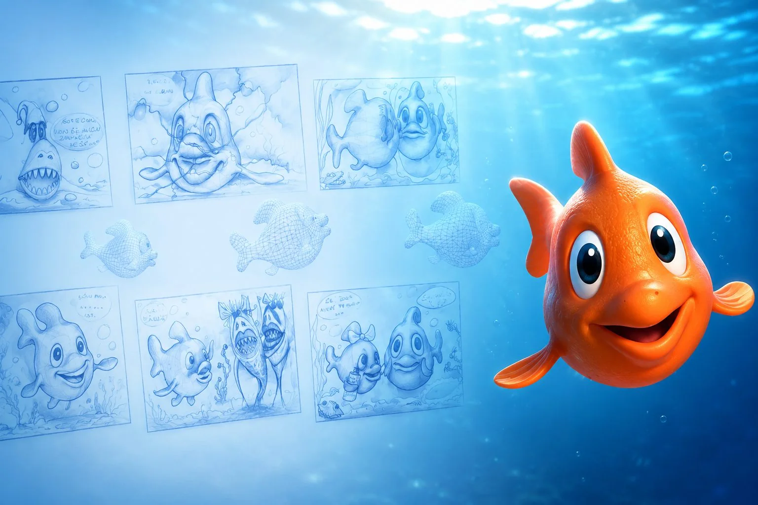 Character development of the orange fish Bubbles from sketches to the 3D model
