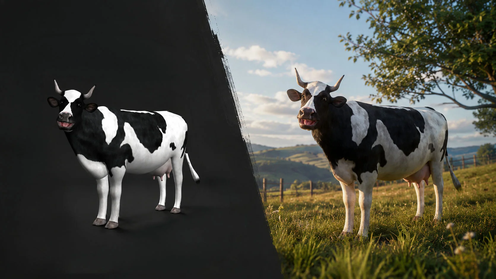 Development of the Lovely Cow character in studio and landscape scenes