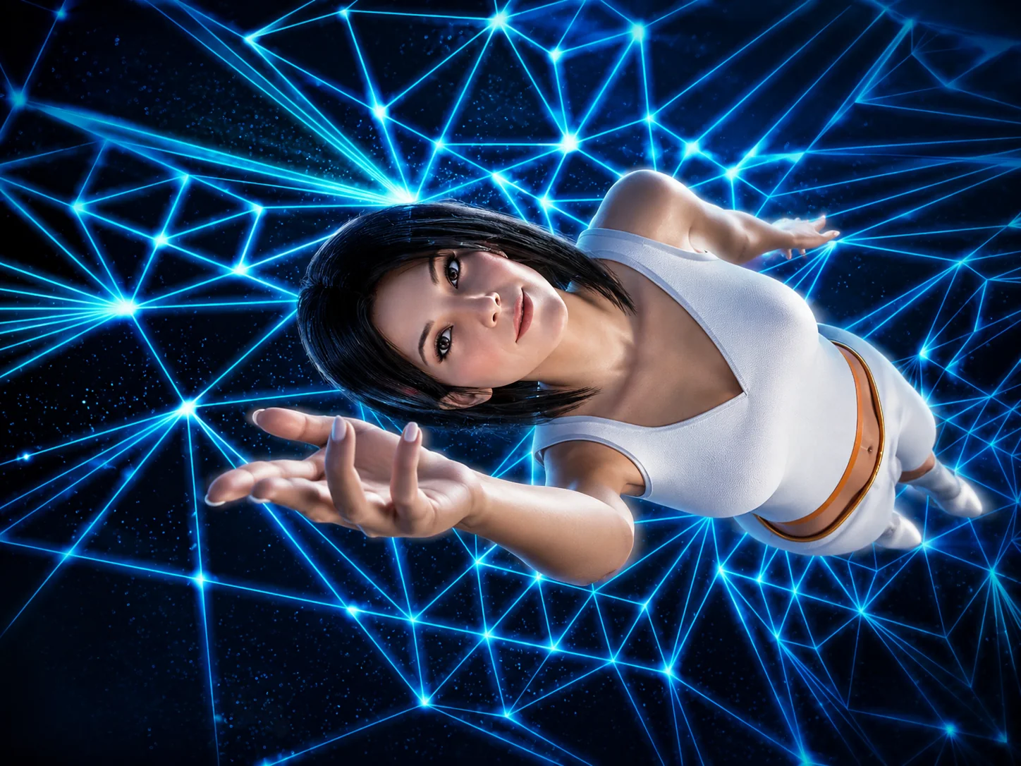 Digital female avatar in front of a glowing virtual network