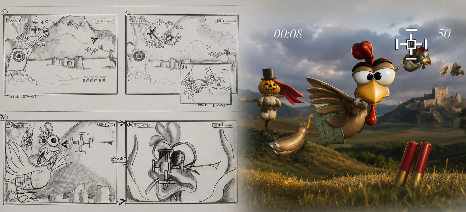 Moorhuhn storyboard beside a rendered film scene