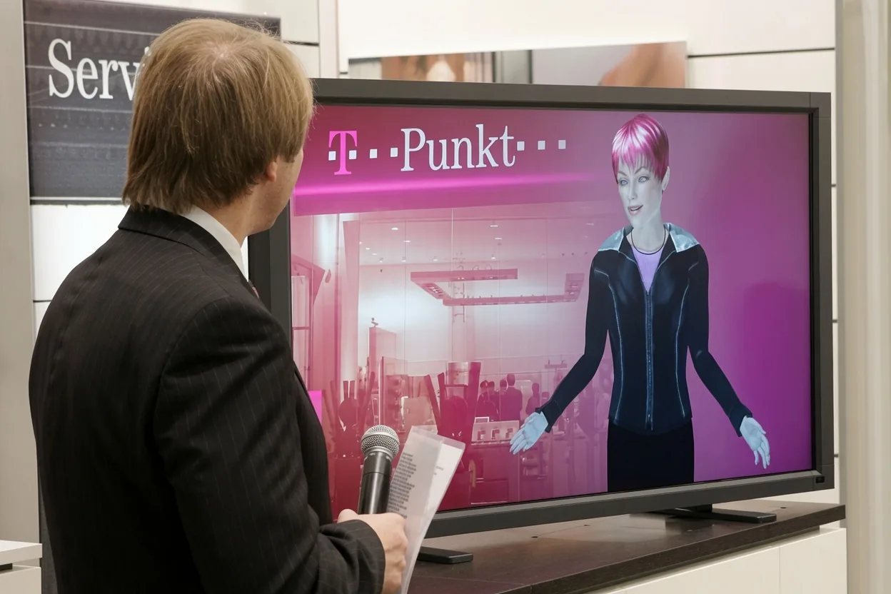 Interaktiver Telekom-Avatar im T-Punkt im Dialog mit einem Moderator