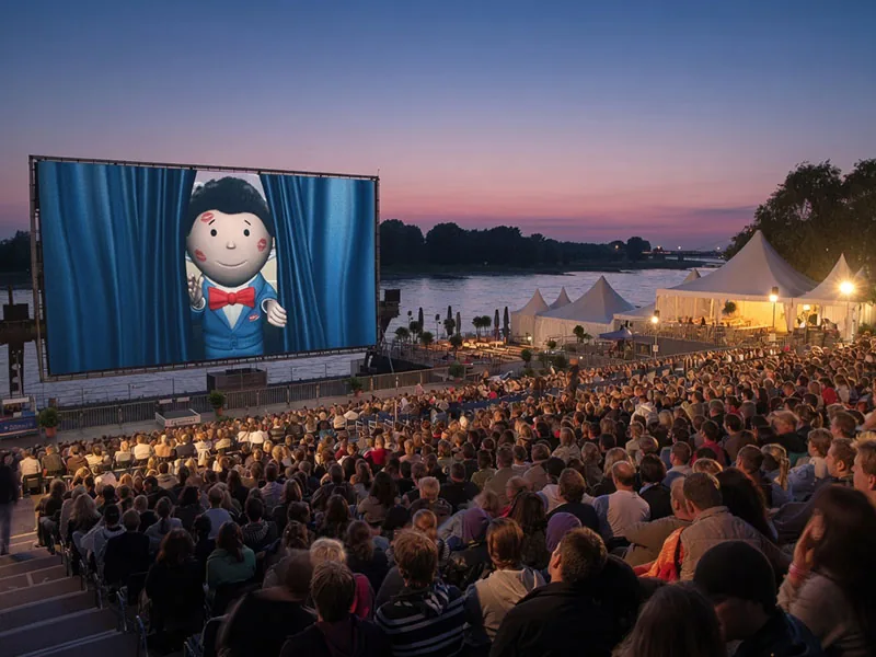 Digitaler ültje-Markencharakter auf einer Open-Air-Leinwand vor großem Publikum